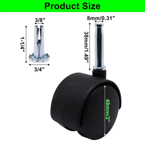 Two Inch Plastic Swivel Casters Four Pack With M8 Neck Stem For Furniture Chairs Tables And Shelves 360 Degree Rotation Black Nylon Replacement Castors Heavy Duty Easy Glide Mobility For Home And Office, product size details with measurements