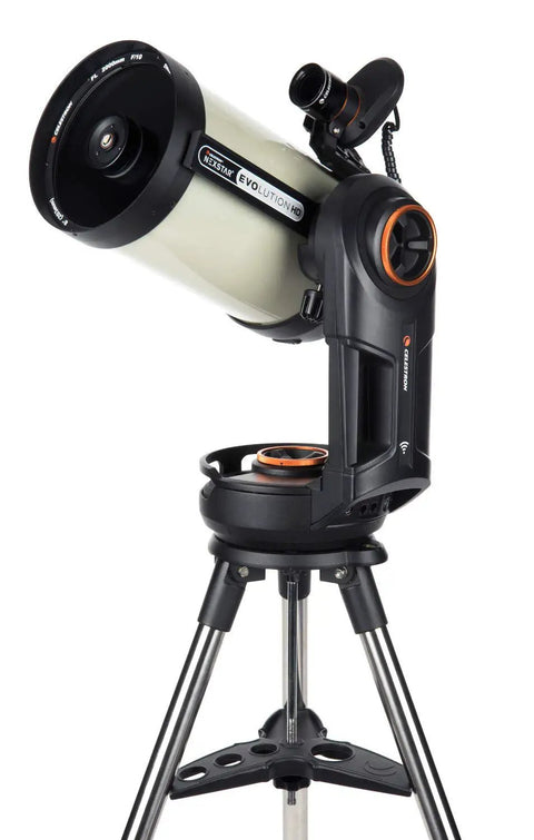 Evolution 8 EdgeHD Schmidt Cassegrain Telescope With StartSense And StarBright XLT Coatings on tripod showing front view.
