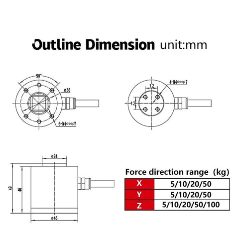 Technical diagram of High Precision Three And Six Axis Load Cell With Multi Axis Force Torque Sensor dimensions and force directions.