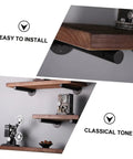 Rock Solid Heavy Duty Wall Mounted Shelf Brackets Four Pack Black Iron Pipe Style on wooden shelves, showcasing easy installation and rustic design.