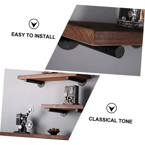 Rock Solid Heavy Duty Wall Mounted Shelf Brackets Four Pack Black Iron Pipe Style on wooden shelves, showcasing easy installation and rustic design.