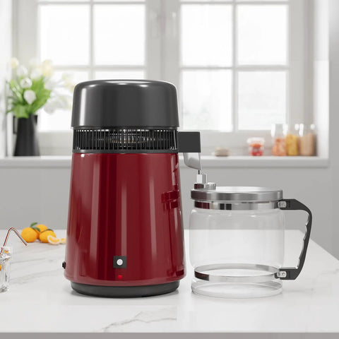 No Fuss Go To Water Distiller For Countertop Home Use With Heavy Duty Stainless Steel Build and Automatic Shutoff on kitchen counter.