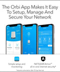 Orbi 5G Tri-Band WiFi 6 Mesh System app interface showing setup, network map, and security features on smartphones.