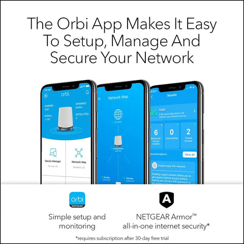 Orbi 5G Tri-Band WiFi 6 Mesh System app interface showing setup, network map, and security features on smartphones.
