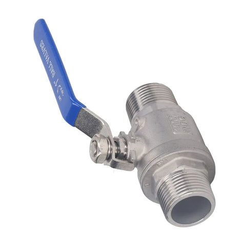 Heavy Duty One Inch Npt Male Thread Stainless Steel Ball Valve For Water Oil And Gas Lines Featuring Smooth Quarter Turn Operation and Absolutely Rock Solid Drip Free Sealing Designed For Any Handyman Project Or Professional Job Site angled view with blue handle.