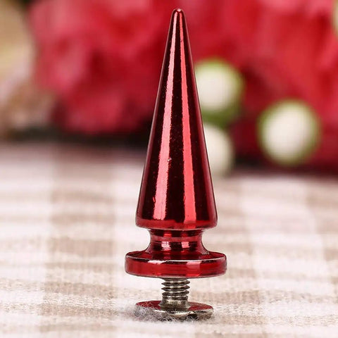 10 Set Red Cone Spikes Punk Rivets Heavy Duty Metal Studs For Leather Belts Coats And Streetwear close-up of a red metal cone spike rivet