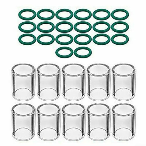 Upgrade Your Welding Game With This TIG Torch Parts Set For SR WP-17 18 26 And WP-9 20 Models featuring clear glass cups and green O-rings.