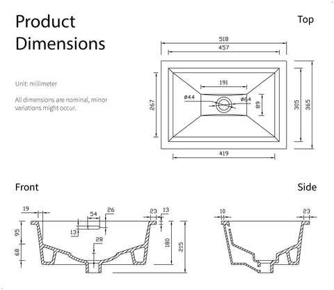 20.5 Inch By 14.4 Inch Ceramic Vanity Sink With Overflow dimensions, undermount or drop-in installation, front and side views