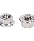 Close-up of 50 Piece Stainless Steel Flange Nut Set A2 70 DIN1587 Built To Last Rustproof Locking Nuts showing nut details