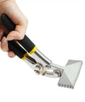Hand holding Hand Seamer For Sheet Metal With Straight And Curved Jaw, Pro Grade Manual Bender Tool With Ergonomic Handles, Nickel Plated