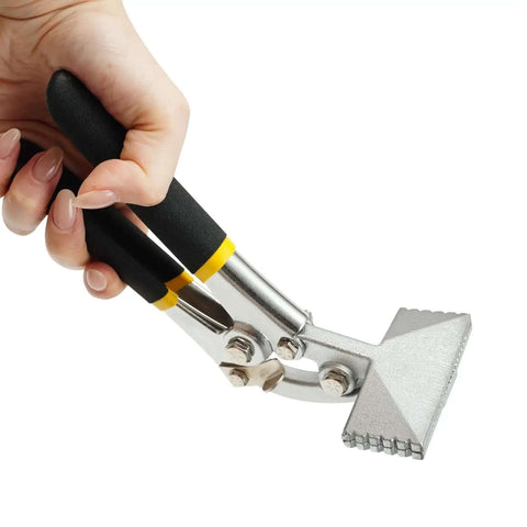 Hand holding Hand Seamer For Sheet Metal With Straight And Curved Jaw, Pro Grade Manual Bender Tool With Ergonomic Handles, Nickel Plated