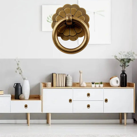 Set Of Six Antique Brass Ring Pulls For Drawers And Cabinets With Flower Shaped Discs In Bloom Design on modern dresser