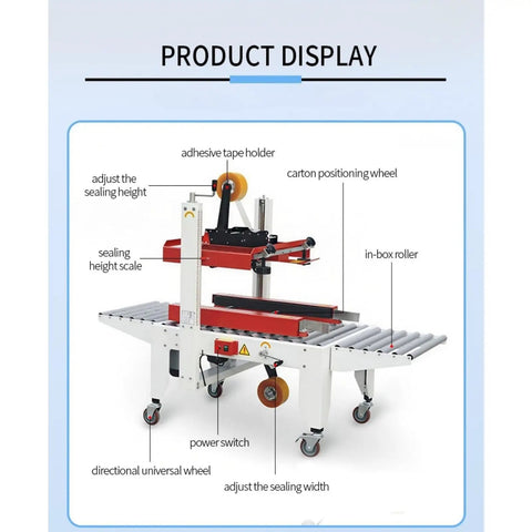 Automatic Heavy Duty Case Sealer With Adjustable Carton Belt Drive featuring adhesive tape holder and sealing height scale.