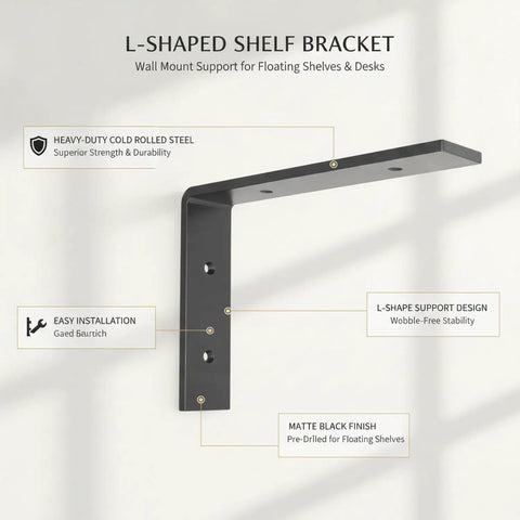 Sturdy L Shaped Wall Mount Bracket For Floating Shelves And Desks, Black Cold Rolled Steel with easy installation labels