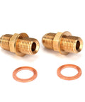 Two brass fittings with washers for Street-Ready Stainless Dual V-Band Turbocharger With 0.72 AR, Ceramic Dual Bearings, G-Aero Billet 9 Blade Compressor Wheel, Inconel 713c Turbine Wheel, Anti-Surge Ported Shroud Inlet For Quick Spool And Peak Power.