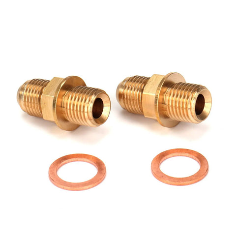 Two brass fittings with washers for Street-Ready Stainless Dual V-Band Turbocharger With 0.72 AR, Ceramic Dual Bearings, G-Aero Billet 9 Blade Compressor Wheel, Inconel 713c Turbine Wheel, Anti-Surge Ported Shroud Inlet For Quick Spool And Peak Power.