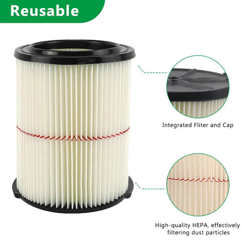 Red Stripe General Purpose Vacuum Filter 2 Pack For 5 To 20 Gallon Shop Vacs showing close-up of integrated filter and cap