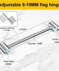 Adjustable 8-19MM flag hinge displayed on a marble surface, with visible measurements and hinge diagram