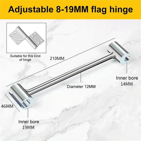 Adjustable 8-19MM flag hinge displayed on a marble surface, with visible measurements and hinge diagram