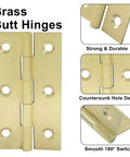 Built Rock Solid 3 Inch Mini Brass Hinges, Zero Hassle Cabinet Door Hardware Kit With Gold Screws close-up showing countersunk holes and smooth pivot action.