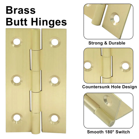 Built Rock Solid 3 Inch Mini Brass Hinges, Zero Hassle Cabinet Door Hardware Kit With Gold Screws close-up showing countersunk holes and smooth pivot action.