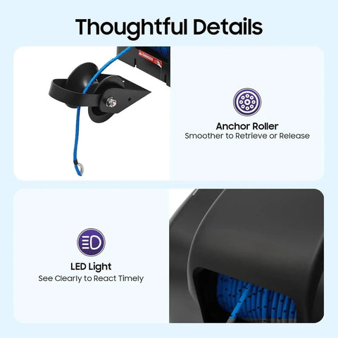 Close-up of Rock Solid 45 Lbs Electric Boat Anchor Winch with anchor roller and LED light for easy operation in tough conditions.
