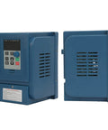 380V 6A VFD Inverter For 2.2kW 3-Phase Motors, Go-To Variable Frequency Drive With PWM Control, Low Noise, EMI Shield, Quick Install Speed Controller For Industrial Apps. blue metal VFD unit front and side view