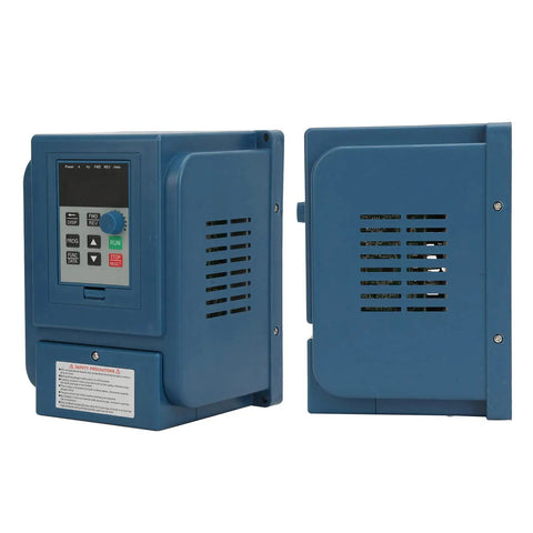 380V 6A VFD Inverter For 2.2kW 3-Phase Motors, Go-To Variable Frequency Drive With PWM Control, Low Noise, EMI Shield, Quick Install Speed Controller For Industrial Apps. blue metal VFD unit front and side view