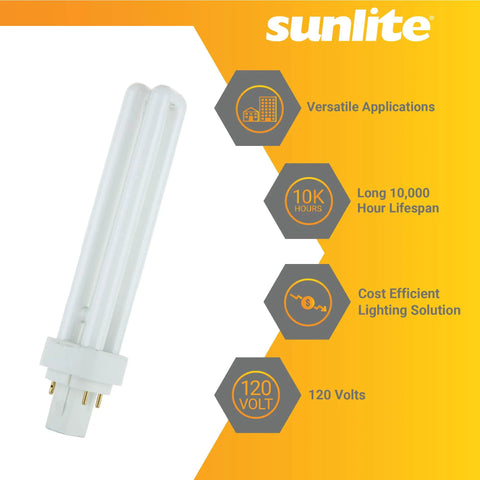 Compact Fluorescent 4 Pin G24q3 U Shape Twin Tube Light Bulbs, 26W 120V, 1560 Lumens, 4100K Cool White, 10 Pack displayed on orange background