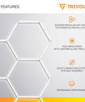 Five Grid Hexagon LED Garage Light System 200W 17280 Lumen Daylight 6500K on a grey background with feature highlights