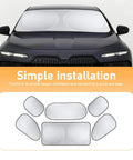 6PCS Reflective Car Windshield Sunshade Kit on car with diagram, Silver Coated UV Heat Shield