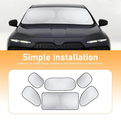 6PCS Reflective Car Windshield Sunshade Kit on car with diagram, Silver Coated UV Heat Shield