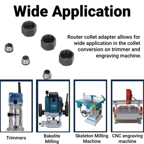 Six Piece Router Collet Kit Set with Carbon Steel Chuck Adapters and Locknuts for Trimmer and Engraving Machines application