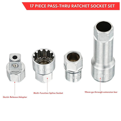 17 piece socket set showing quick-release adapter, multi-function spline socket, and 19mm go-through extension bar with clear size indicators.