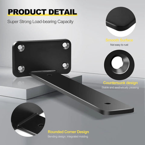 Heavy Duty 12 Pack Hidden L Shelf Brackets 12 Inch Matte Black Iron Floating Wall Mount Hardware For Rustic Industrial Shelving Built Different To Support 100 Lbs Per Pair close-up of matte black steel bracket showing countersunk design and rounded corners.