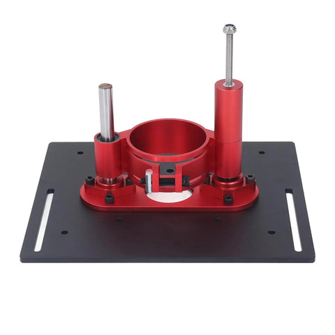 High Grade Router Table Insert Kit With Smooth Crank Handle Height Control For Woodworking seen from above, red CNC aluminum construction.