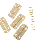 Ten Piece Set Of 37x17mm Gold Furniture Door Hinges Ideal For Craft Boxes Jewelry Chests Dollhouse Builds And Wooden Cabinets Featuring Premium Finish With Dead Simple Screw Mounting Included, showing four hinges with screws.