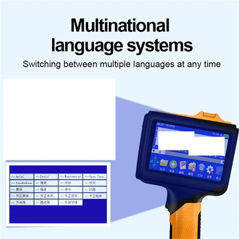Highly Portable Handheld Inkjet Printer For Quick Date QR Code And Text Labeling With Smart Permanent Ink Smudge Proof Design showing a screen with multilingual options.