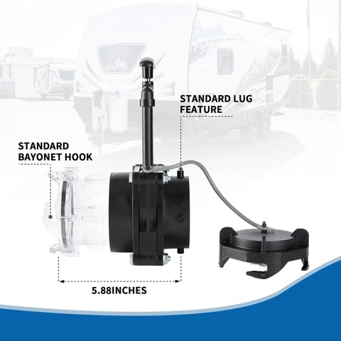 3 Inch RV Twist-On Waste Valve with built-in clear adapter, standard lug feature, bayonet hook, UV-resistant cap, side view.