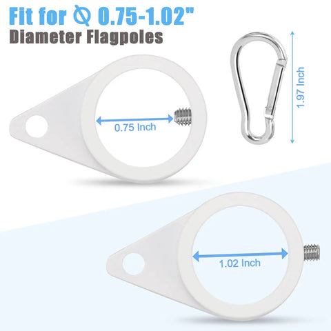 Top Shelf White Aluminum Flag Pole Rings With Grip Tight Clamps Two Pack No Sweat Antitwist Swivels For Slick 360 Degree Rotation And Hassle Free Patriotic Display showing size fittings for 0.75-1.02 inch flagpoles.
