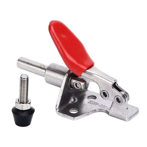 One Hand Quick Release Toggle Clamp in stainless steel with 99.2 lb clamping force, red handle detail for woodworking and fixture assembly.