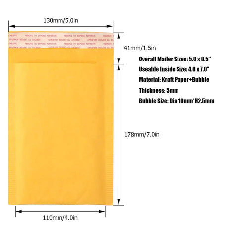 5 By 7 Inch Bubble Mailers 50 Pack Padded Envelopes Self Seal Kraft Paper Mailers lightweight yet heavy duty tear resistant with size details