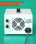 Rear panel of Bench Power Supply 0 To 30V 0 To 20A Variable DC Regulated Pro Grade Power Source with terminals and AC input shown.