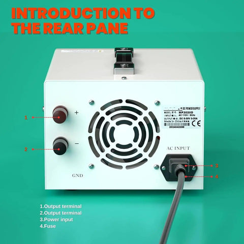Rear panel of Bench Power Supply 0 To 30V 0 To 20A Variable DC Regulated Pro Grade Power Source with terminals and AC input shown.