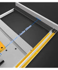 Mighty 8 Inch Dust Free Table Saw With 80 Tooth Blade 1500W Motor showing adjustable guide rail and measurement scale.