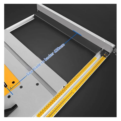 Mighty 8 Inch Dust Free Table Saw With 80 Tooth Blade 1500W Motor showing adjustable guide rail and measurement scale.