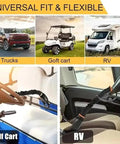 Universal fit heavy gauge cable steering wheel lock for trucks, golf carts, and RVs, showcasing adjustable braided steel loop.