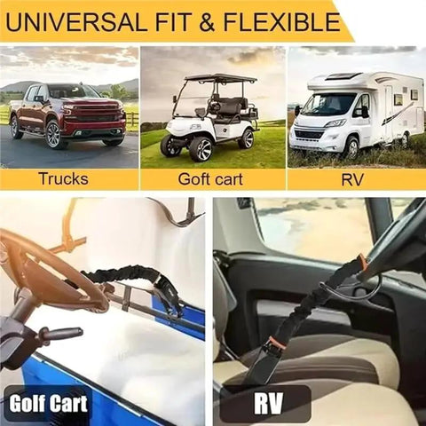 Universal fit heavy gauge cable steering wheel lock for trucks, golf carts, and RVs, showcasing adjustable braided steel loop.