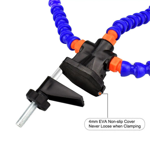 No Sweat Hella Solid Third Hand Soldering Helper with flexible blue arms and sturdy clamp for electronics repair.