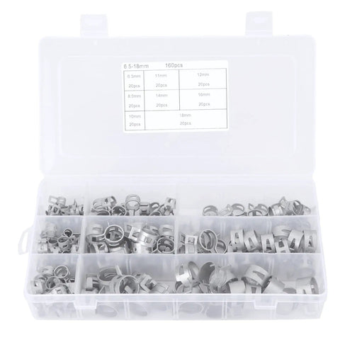 All-Purpose Spring Hose Clamp Kit 160Pcs For Automotive Radiator Hose With 8 sizes 6.5-18mm OD in a plastic organizer box